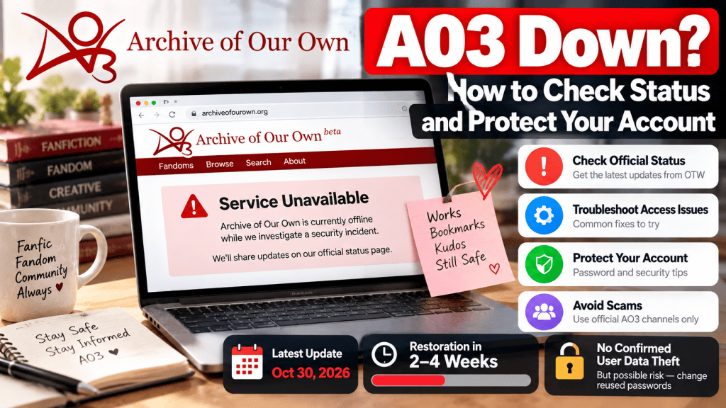 AO3 outage and account security guide illustration showing a service unavailable message, official status checks, troubleshooting steps, and password safety tips.