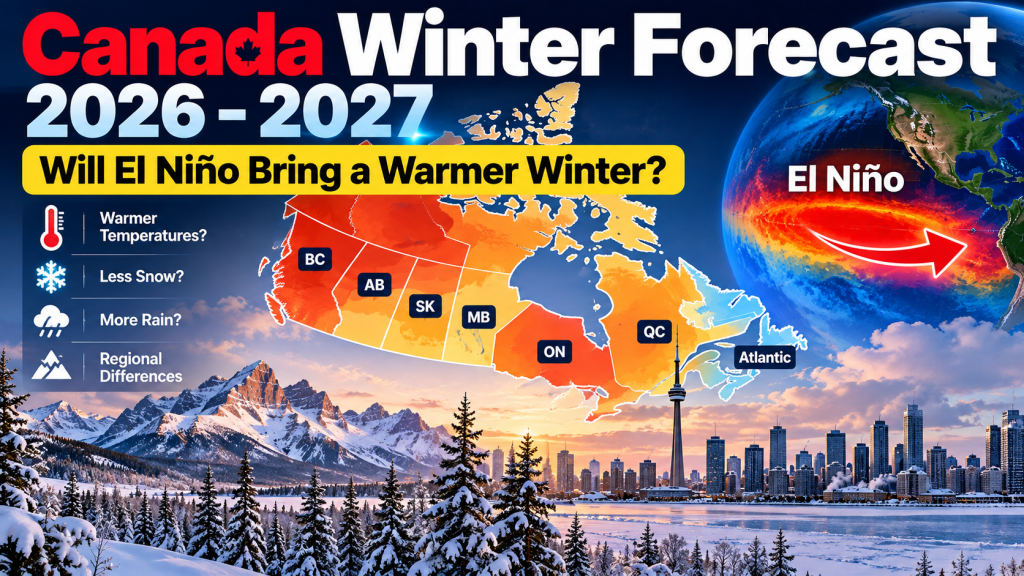 Canada winter forecast 2026–2027 illustration showing El Niño, a conceptual map of Canada, snowy landscapes, and possible warmer winter conditions.