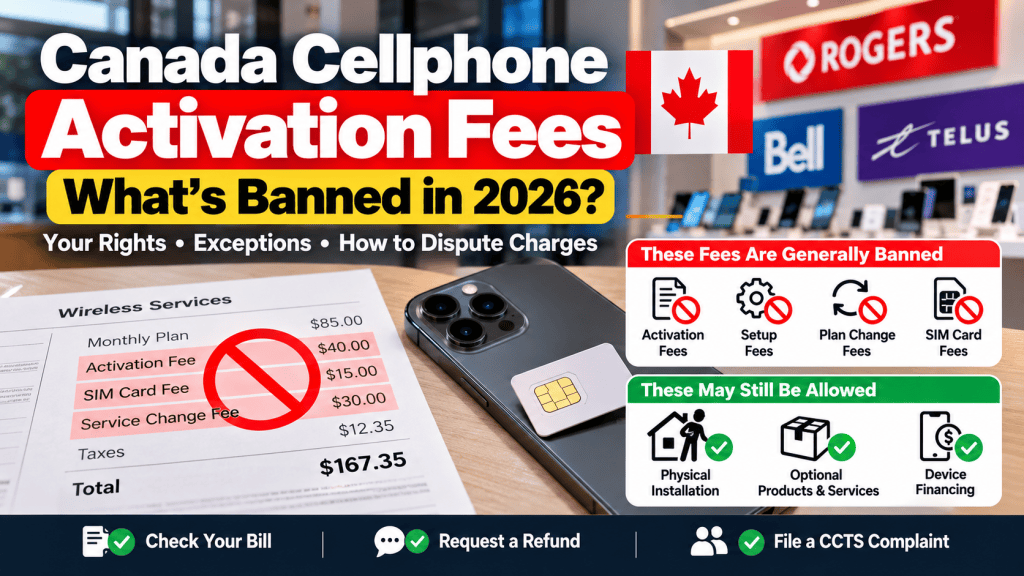 Illustration explaining Canada's 2026 cellphone activation fee rules, with a phone bill and Rogers, Bell, and TELUS branding.
