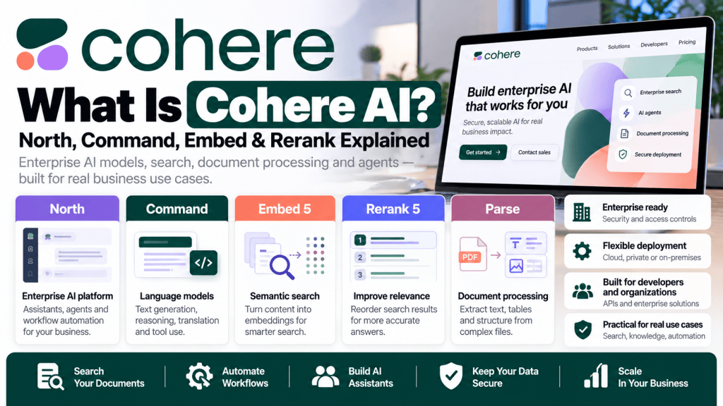Cohere AI product comparison infographic explaining North, Command, Embed 5, Rerank 5, and Parse for enterprise AI, search, and document processing.