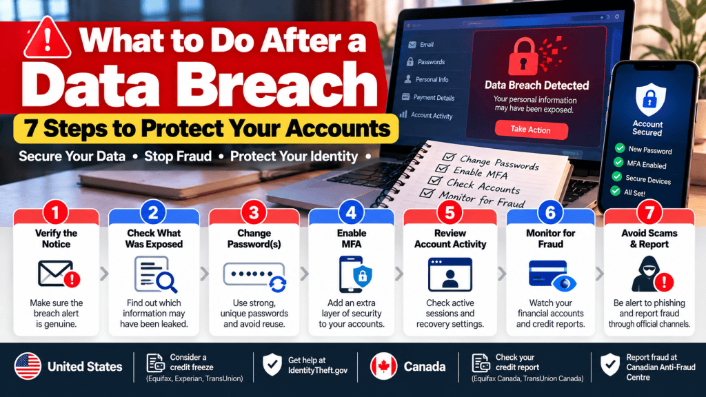 Seven-step data breach response checklist showing how to verify a breach notice, change passwords, enable MFA, review accounts, monitor fraud, and avoid scams.