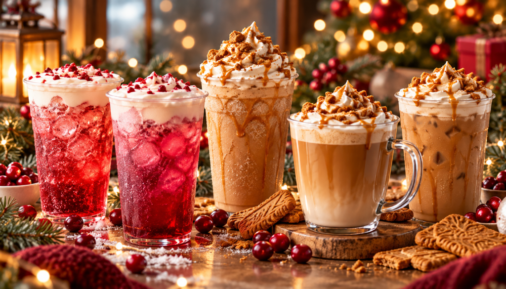 AI-generated illustration of five festive cranberry and cookie butter holiday drinks