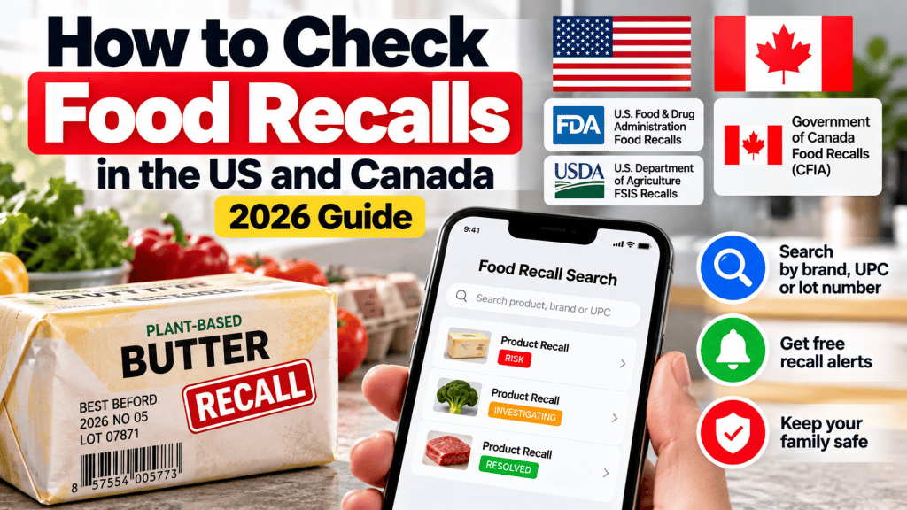 Food recall guide for the US and Canada showing a recalled food package, product identification codes, and official FDA, USDA, and CFIA recall resources.