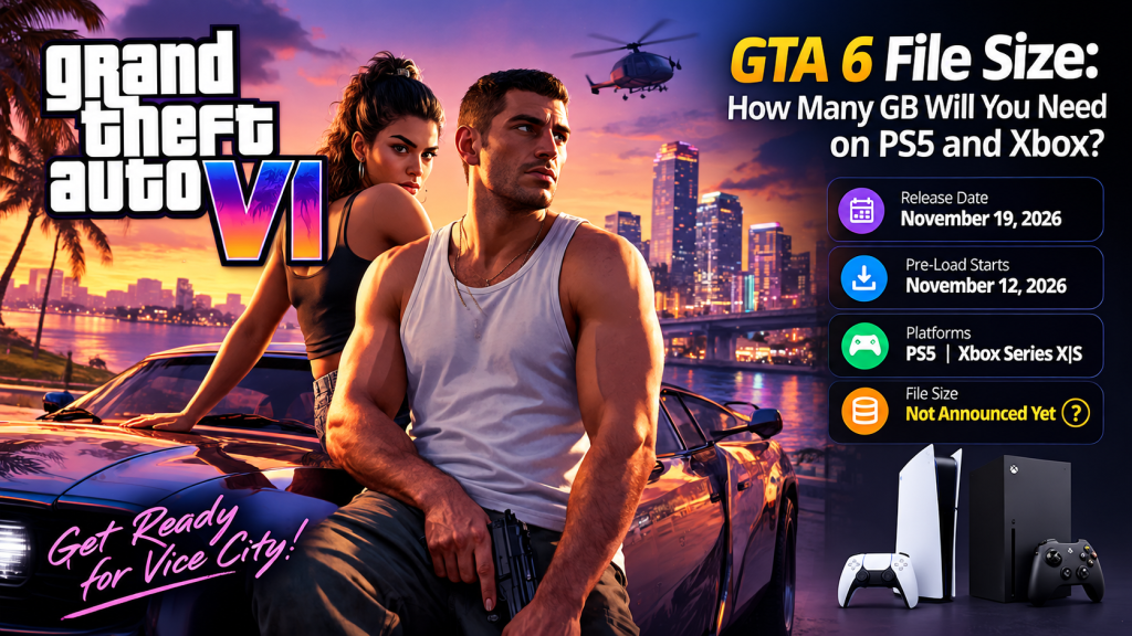 GTA 6 file size guide illustration featuring a Vice City-inspired skyline, PS5 and Xbox consoles, and storage information.