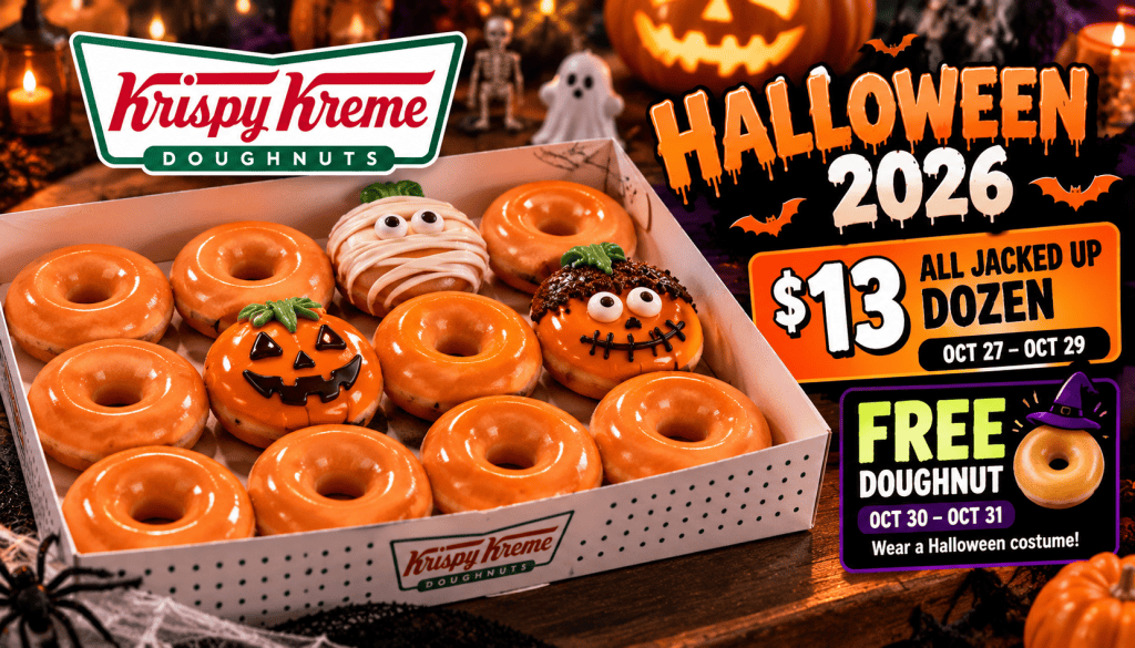 AI-generated Halloween doughnut graphic showing orange glazed doughnuts, a $13 dozen promotion, and free doughnut offer.