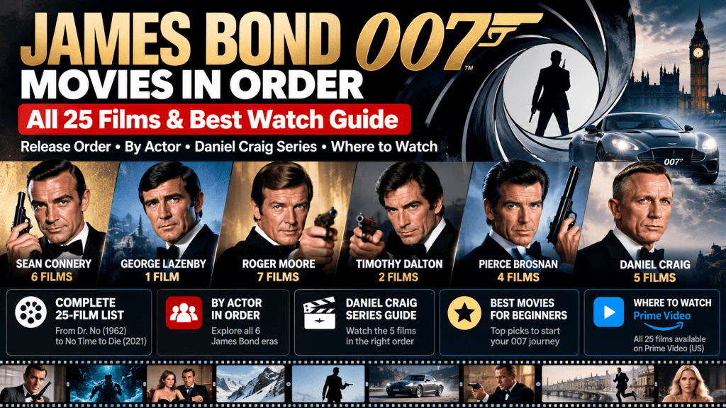 James Bond movies in order infographic featuring all six official 007 actors, their film counts, and a guide to watching the 25 Bond movies.