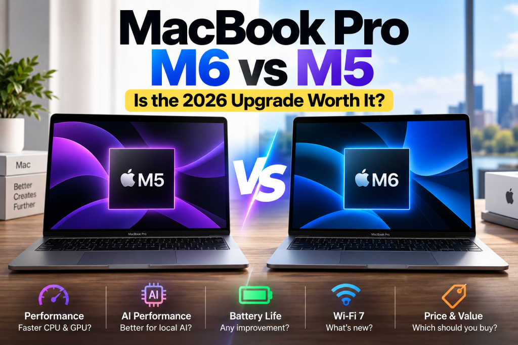 MacBook Pro M6 vs M5 comparison showing two laptops side by side, highlighting performance, AI capabilities, battery life, Wi-Fi 7, and upgrade value.