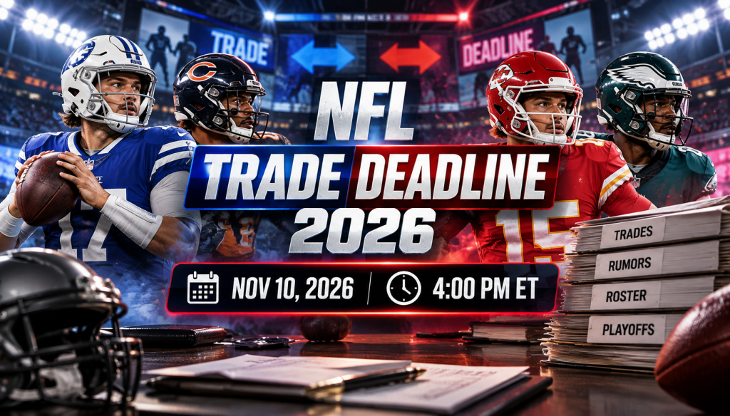 AI-generated NFL trade deadline 2026 graphic featuring football players, November 10 deadline date, and 4 PM ET cutoff time.