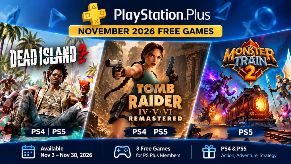 PlayStation Plus November 2026 monthly games featuring Dead Island 2, Tomb Raider IV–VI Remastered, and Monster Train 2 for PS4 and PS5.