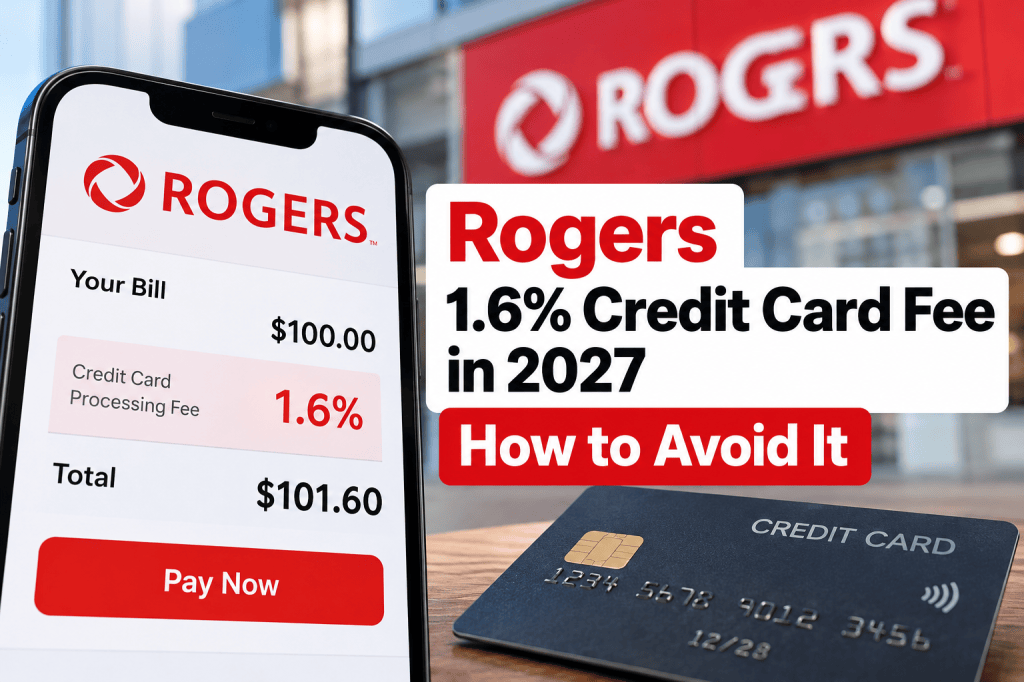 Illustration of Rogers' 1.6% credit card processing fee starting in 2027, showing a $100 bill increasing to $101.60.