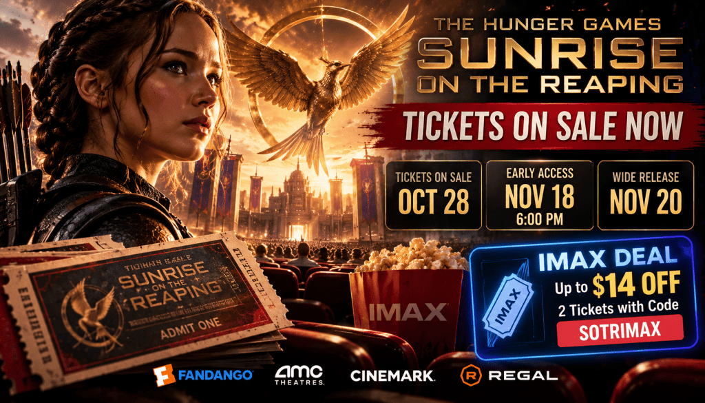 Al-generated Sunrise on the Reaping ticket guide graphic showing November 18 early screenings, the November 20 release, and an IMAX ticket offer.